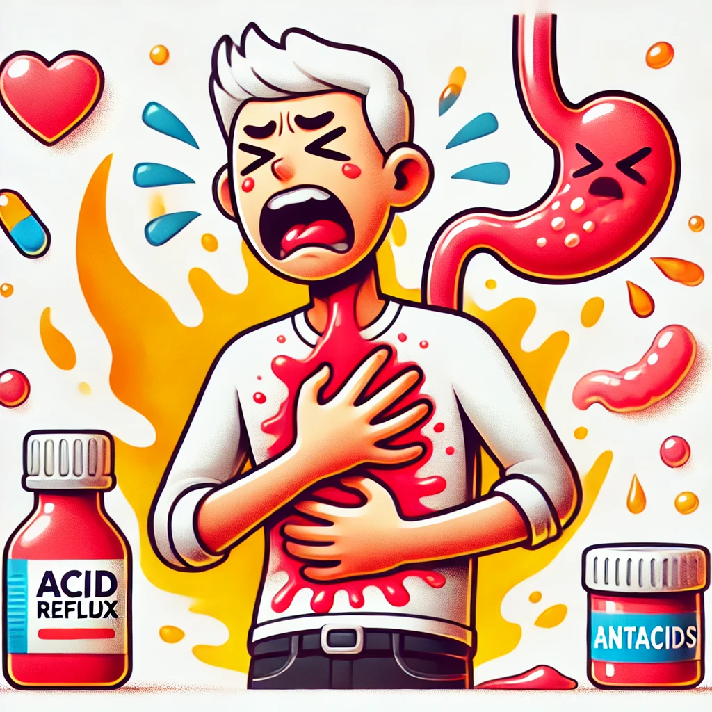 Cartoon man in pain clutching chest as acid reflux rises from stomach, acid splash and antacid bottles