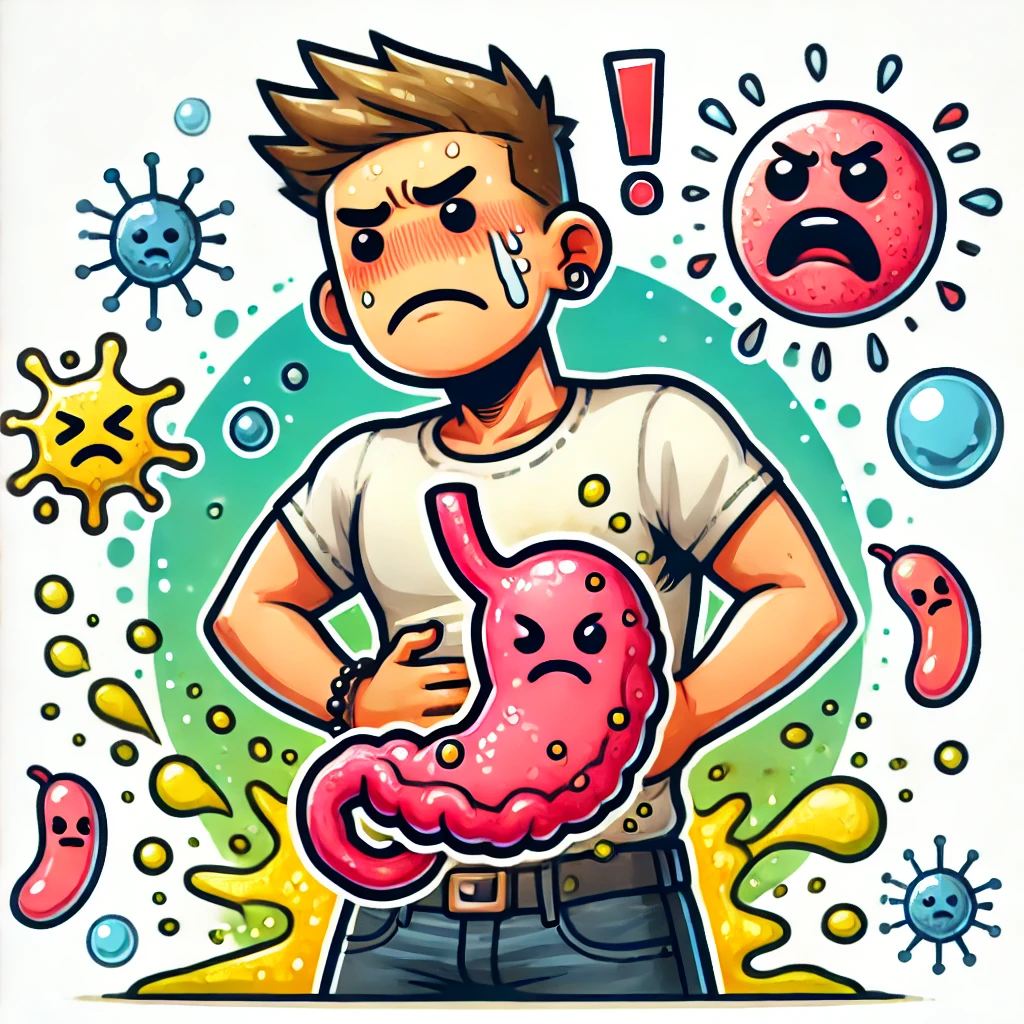 Cartoon man with angry stomach surrounded by bacteria icons illustrating SIBO small intestinal bacterial overgrowth