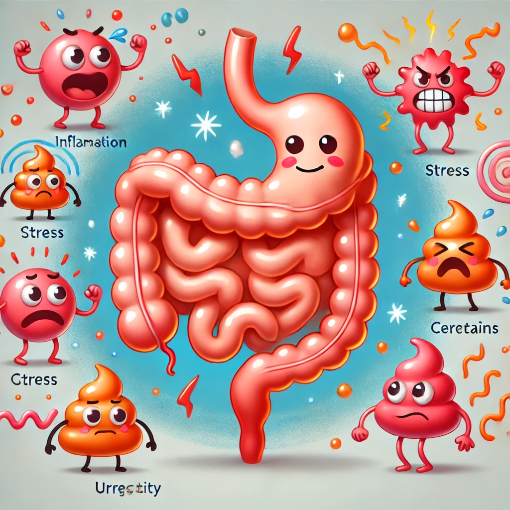 Playful diagram of intestines surrounded by angry icons labelled inflammation, stress, urgency and other IBD triggers