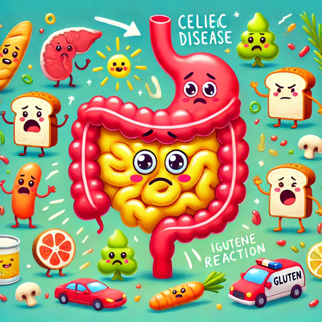 Colorful cartoon intestines reacting sadly to gluten and celiac disease triggers like bread and wheat icons