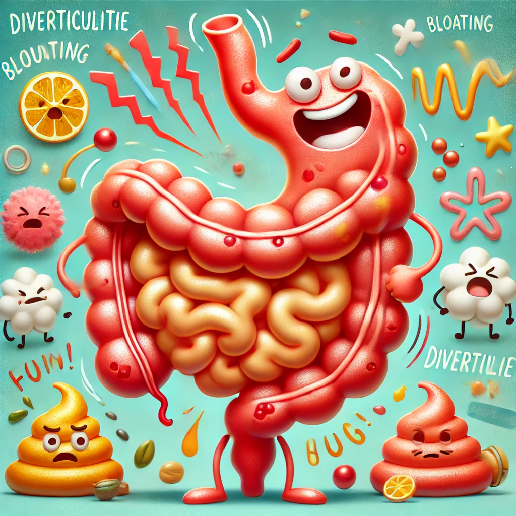 Cheerful cartoon intestines with inflamed pouches showing diverticulitis, bloating and fun icons