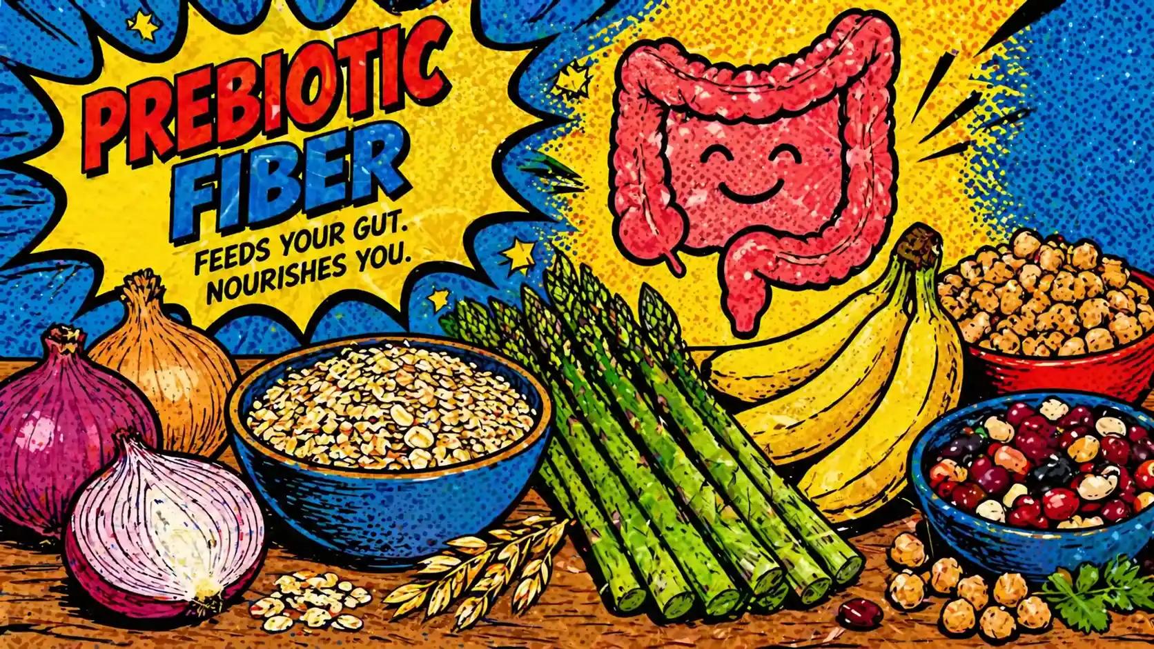 Pop art style hero image showing everyday prebiotic source groups such as onions, oats, asparagus, bananas, and legumes arranged as a calm food-first gut-health starter scene.