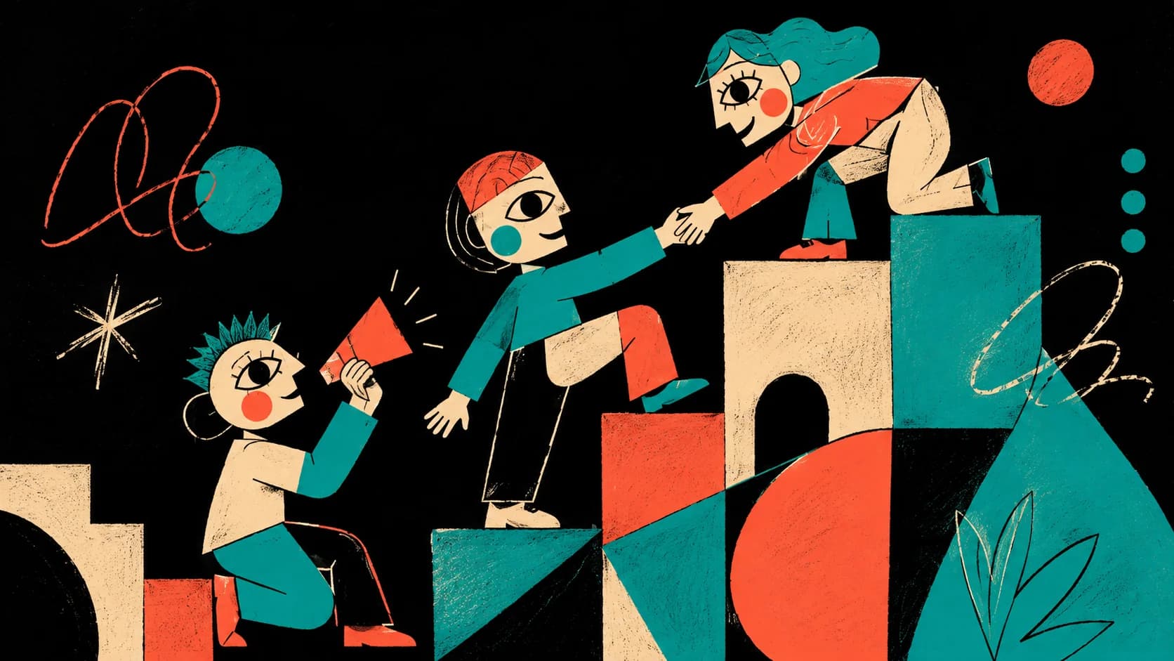 Cubist kawaii vector illustration showing three stylized minimalist characters helping each other climb asymmetrical geometric blocks, representing body trust and mutual support.