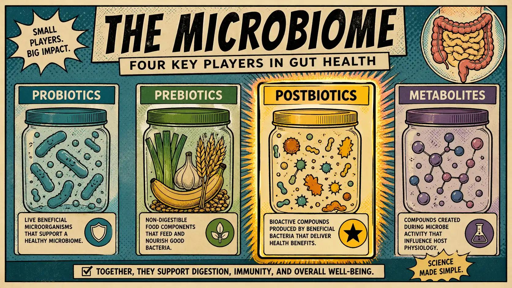 Editorial science illustration showing four microbiome categories arranged as labeled cards for probiotics, prebiotics, postbiotics, and metabolites