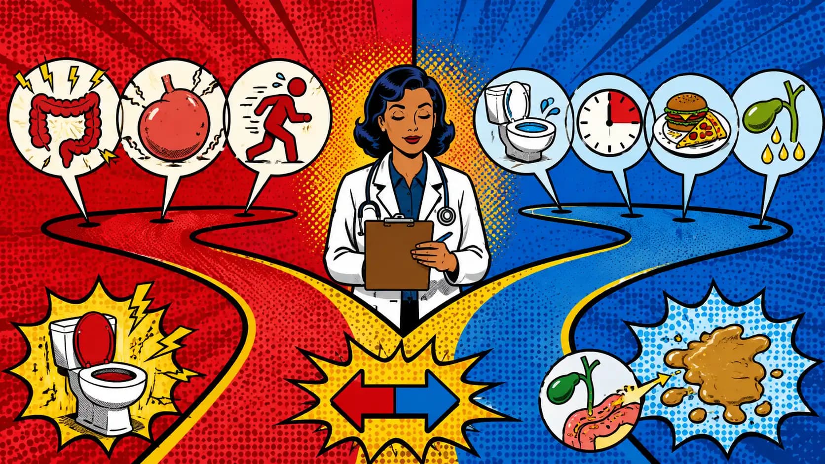 Pop art style comparison board showing broad IBS-D on one lane and bile-acid diarrhea clues on another, with a clinician clipboard between them.