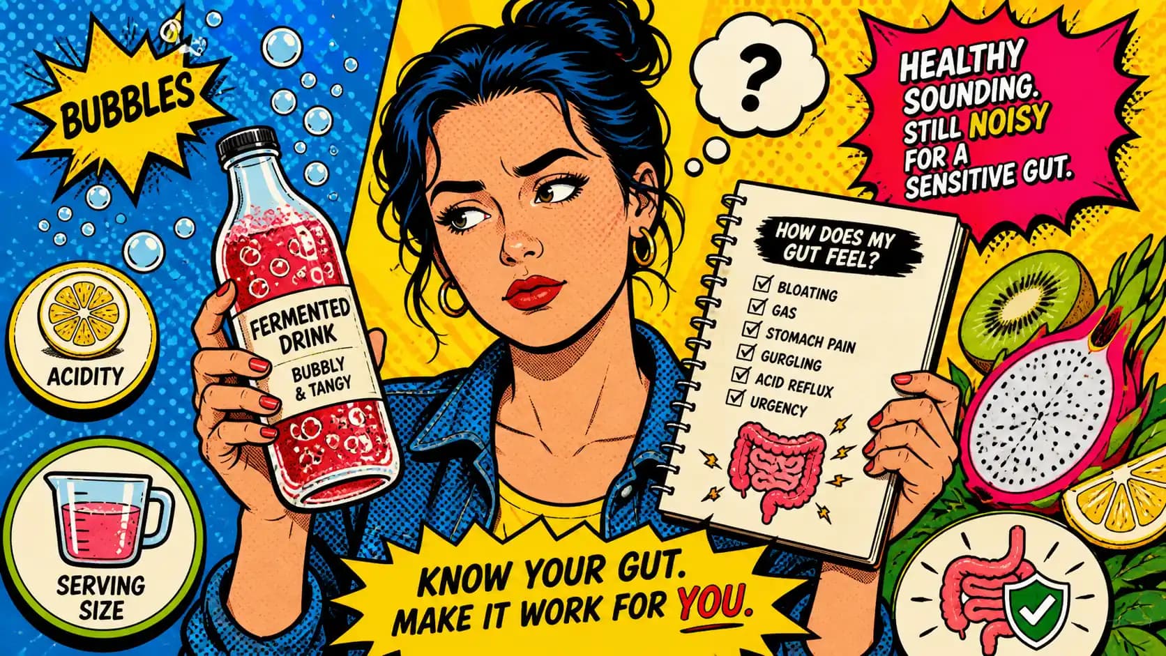 Pop art style illustration of fermented drinks, fruit ingredients, bubbles, and a gut symptom checklist.
