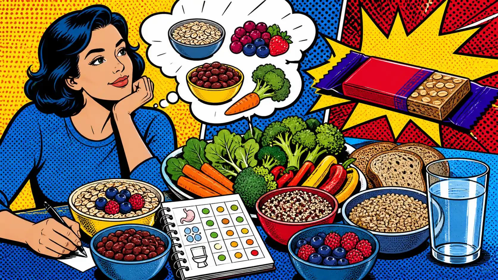 Pop art style hero image showing a practical weekly fiber pattern with oats, beans, berries, vegetables, whole grains, water, and a symptom tracker.