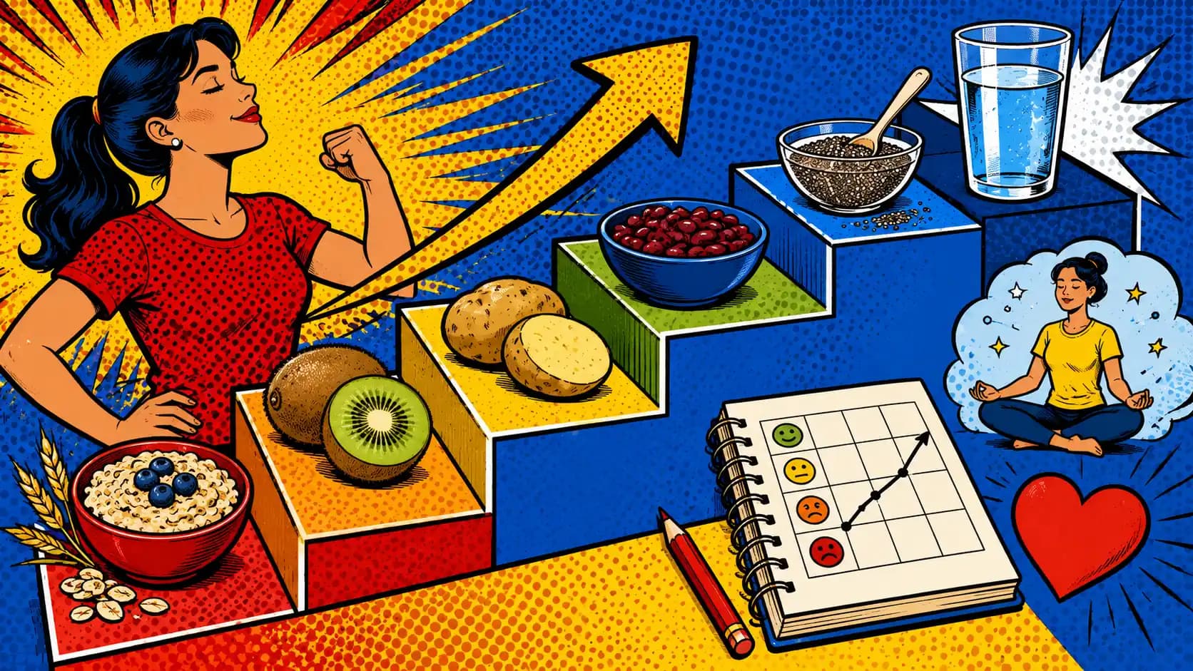 Pop art style hero image showing a gradual fiber ladder with oats, kiwi, beans, seeds, water, and symptom notes.