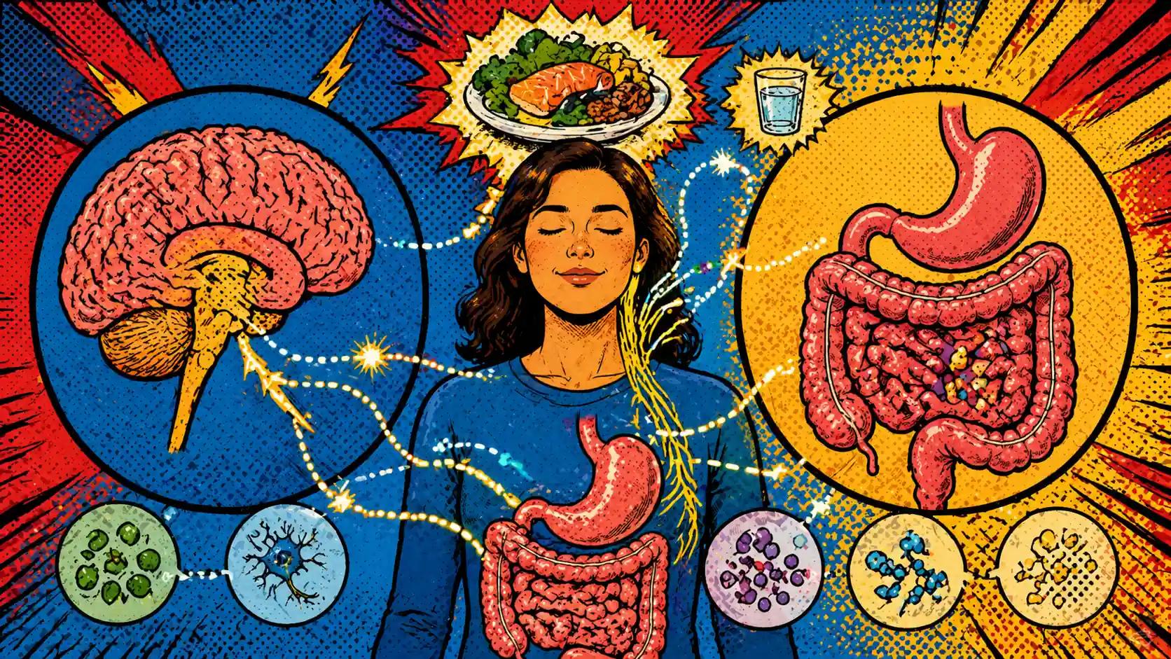 Pop art style hero image showing a calm adult between a stylized brain and digestive tract with meal-related signal paths connecting the two.