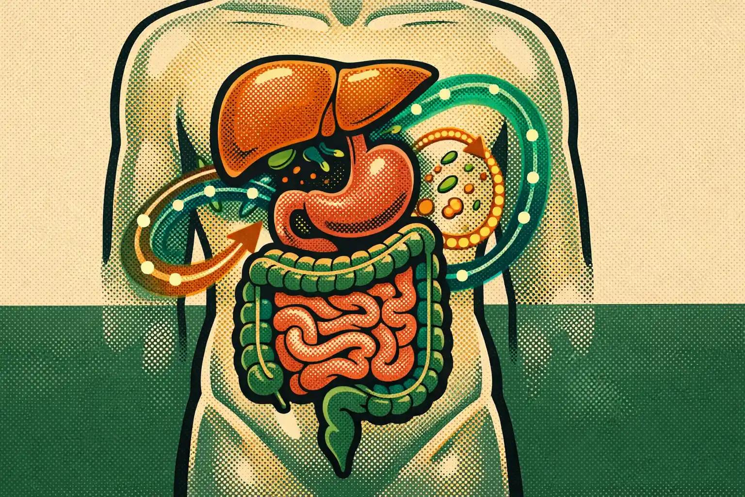 Editorial illustration showing the gut and liver connected through microbiome and metabolic signaling.