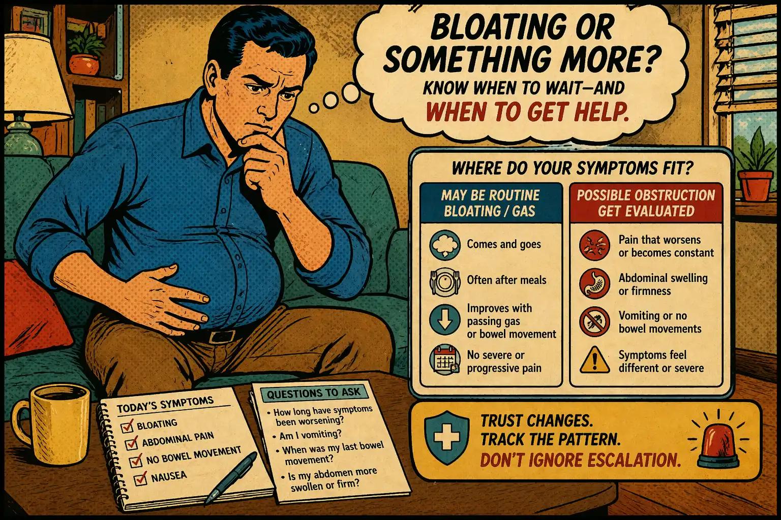 Editorial hero image showing a reader with abdominal swelling and symptom notes deciding between routine bloating and urgent evaluation.