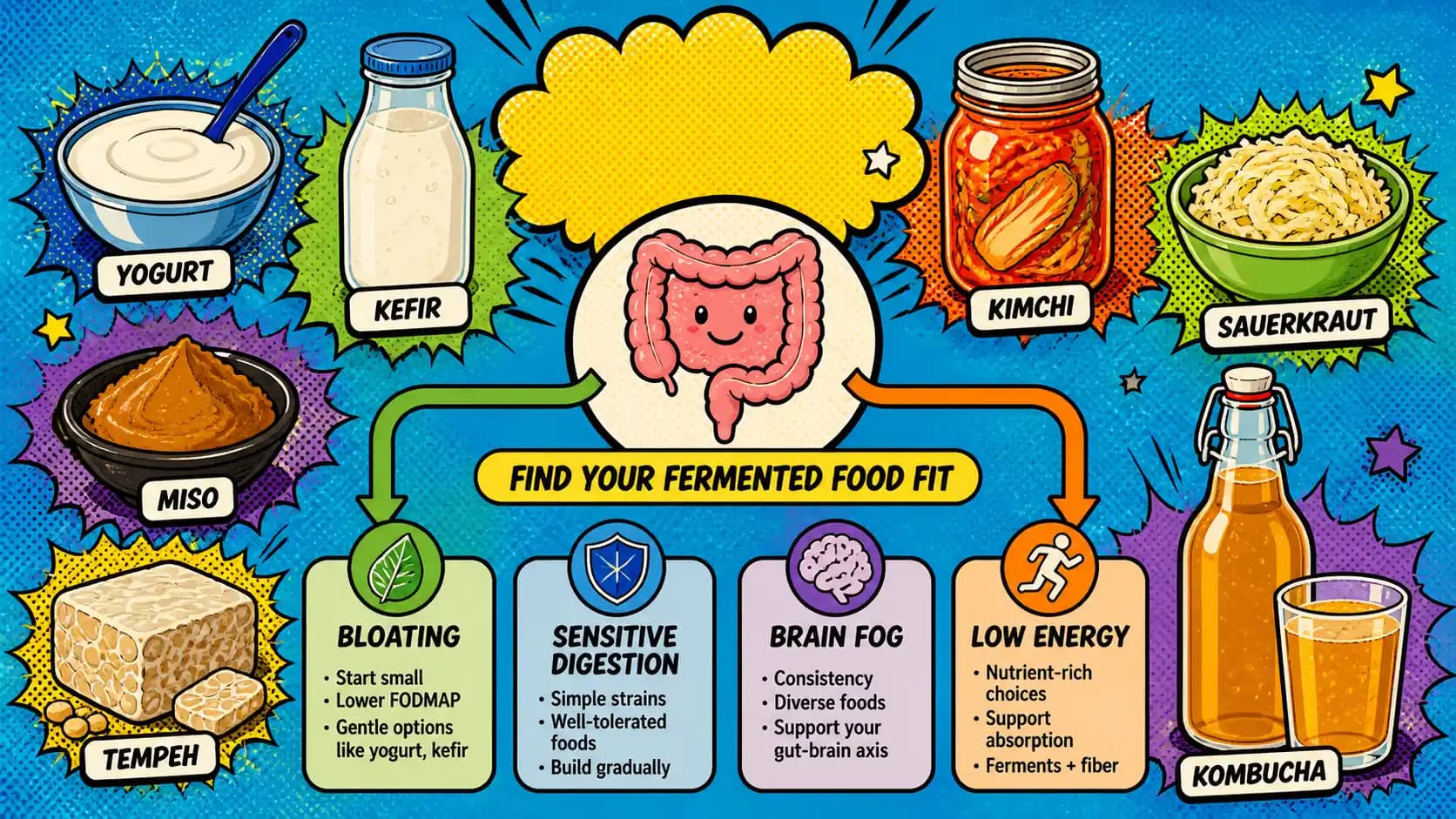 Pop art style hero image showing fermented foods arranged around a gut-health decision map.