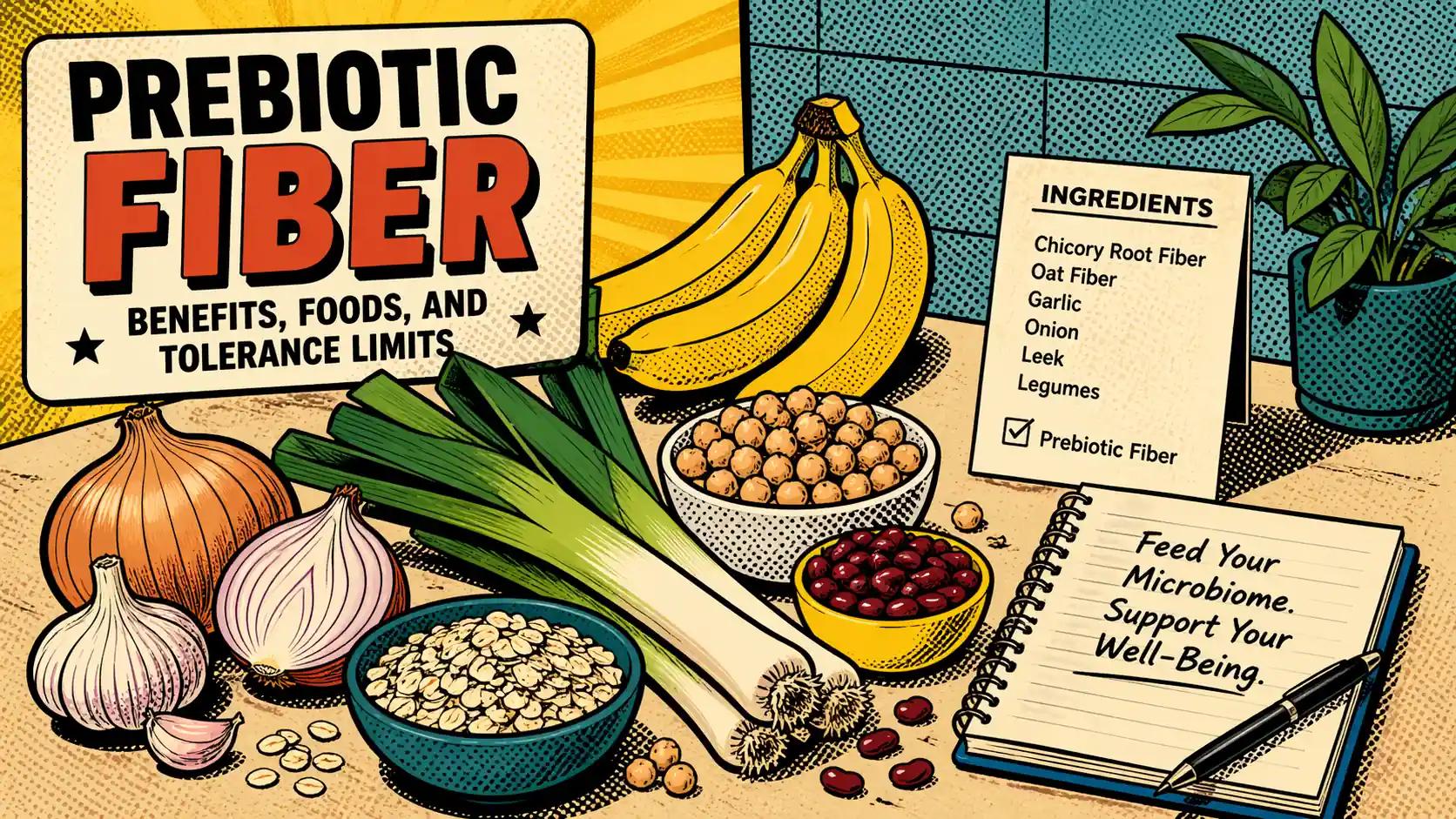 Editorial illustration showing prebiotic-rich foods, a clean ingredient label, and a notebook for calmer gut-health decision-making