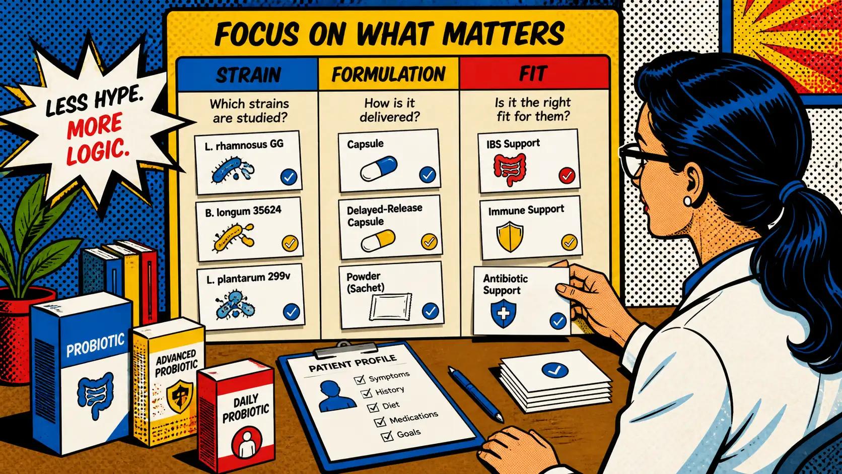 Pop art style hero image showing a practical probiotic comparison board with product cards being sorted by strain, formulation, and fit rather than by louder marketing claims.
