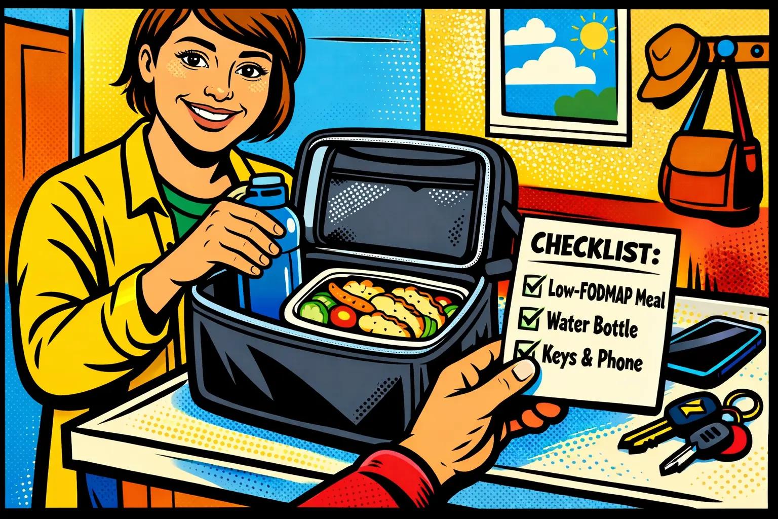 An adult packing an urgency-friendly low-FODMAP meal, water bottle, and small checklist before leaving home.