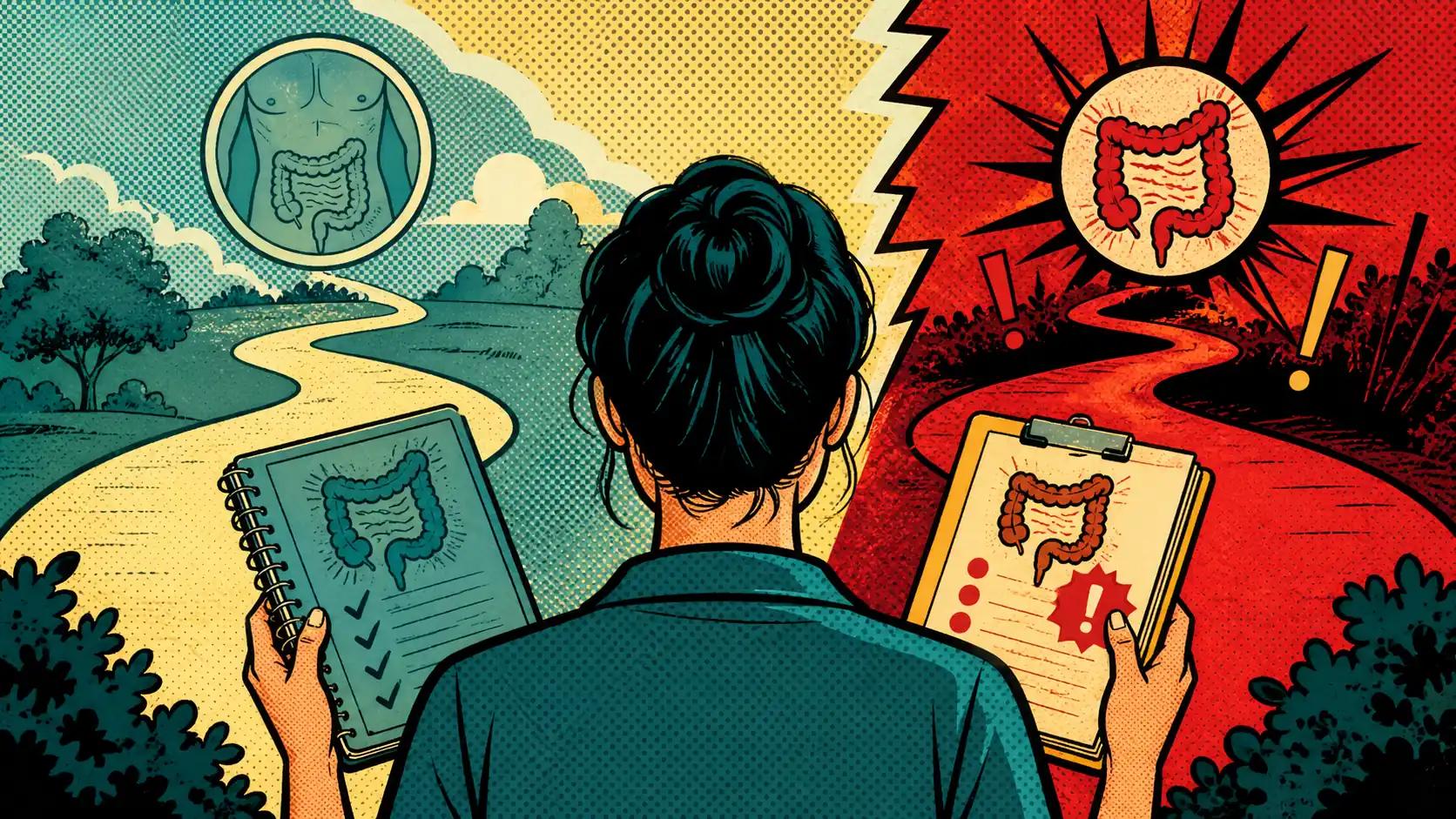 Editorial hero image showing a reader comparing a familiar IBS symptom journal with a sharper colorectal warning-sign checklist.