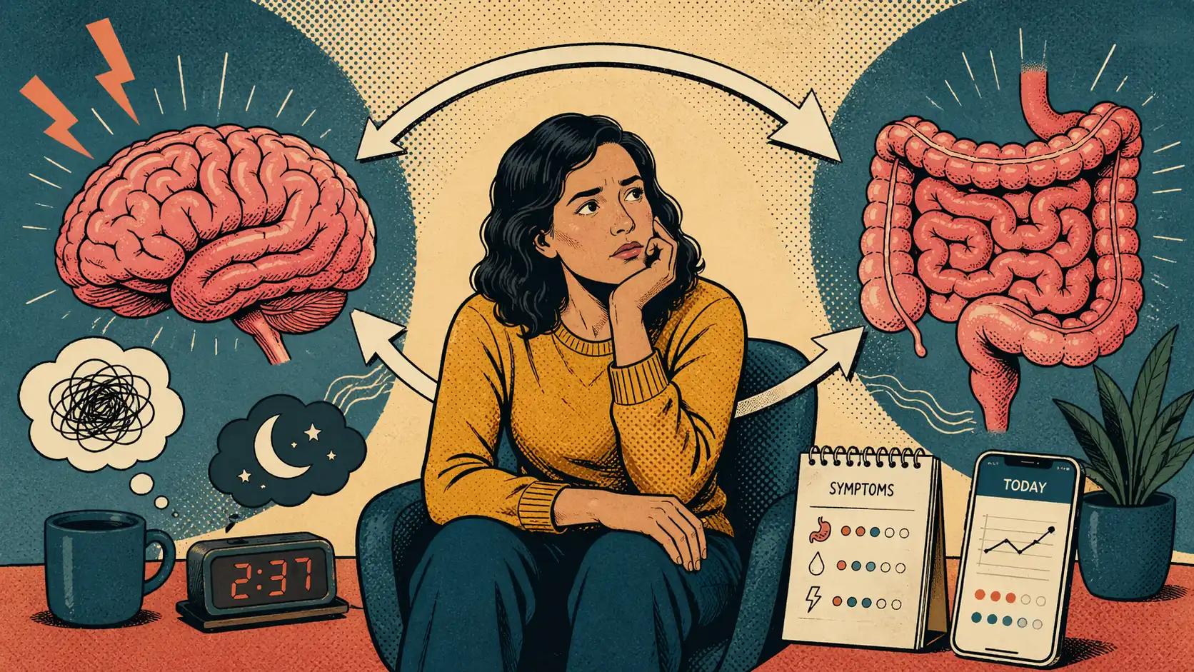 Pop art style hero image showing an adult between a stylized brain and gut connected by a feedback loop around IBS symptoms and mood burden.