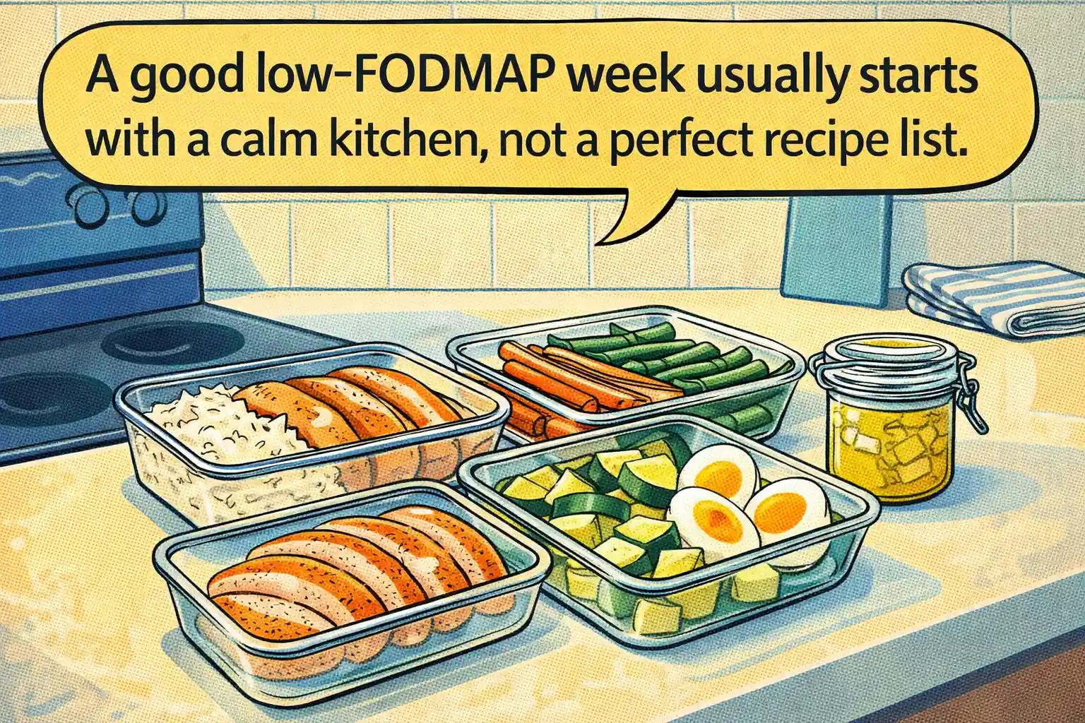 Low-FODMAP meal-prep containers arranged on a kitchen counter with rice, grilled chicken, roasted vegetables, boiled eggs, and a small jar of garlic-infused oil.