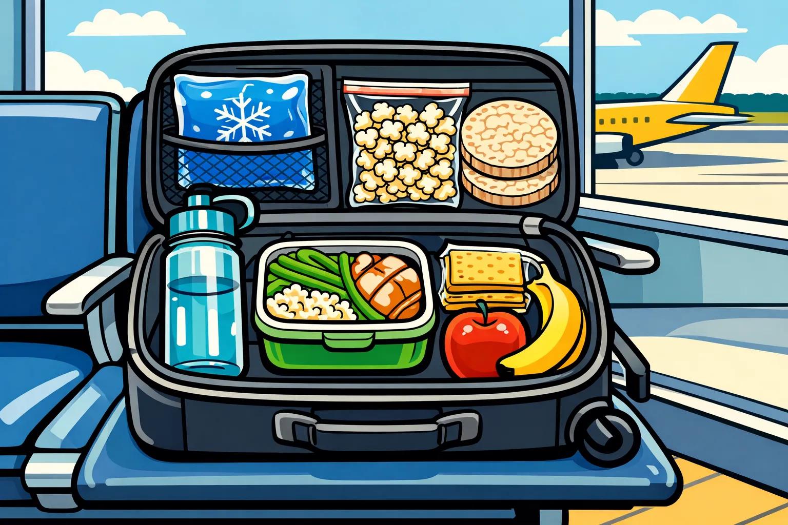 A travel-ready low-FODMAP food setup with a carry-on bag, simple snacks, water bottle, and small meal containers.