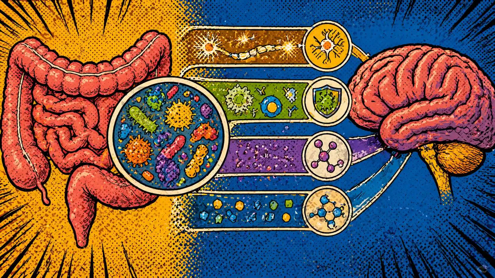 Pop art style hero image showing a stylized intestine, gut microbes, and a brain connected by signaling lanes.