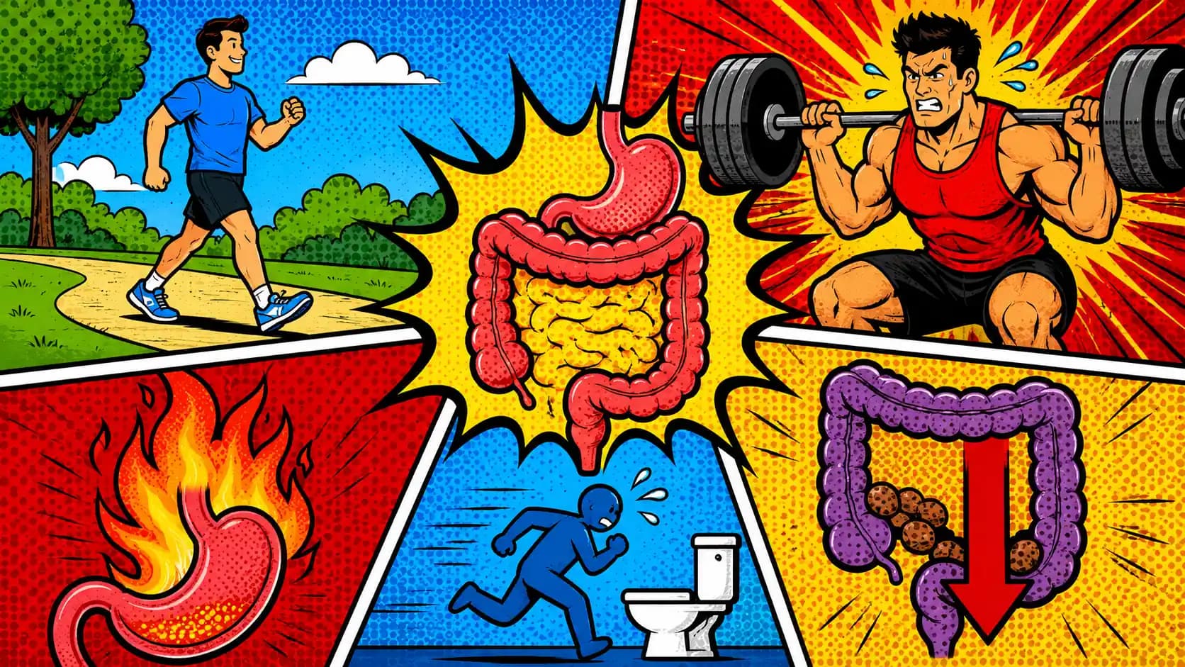 Pop art style split scene showing an easy walk, intense workout, reflux flame, urgency clock, and constipation arrow.