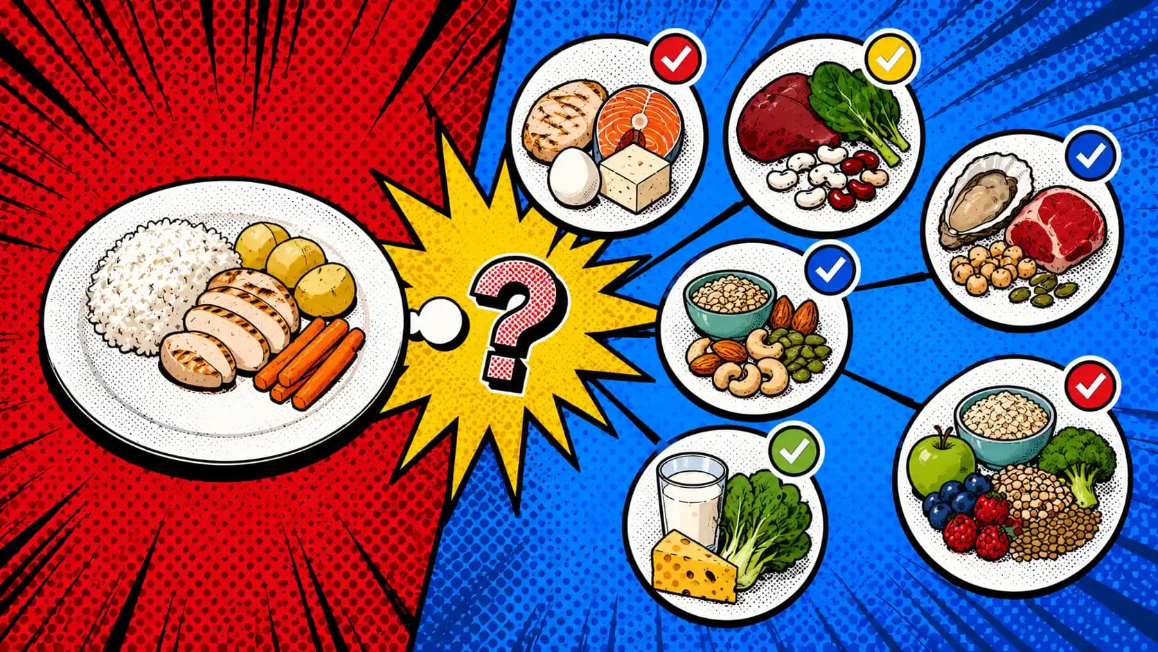 Pop art style hero showing a small restrictive gut diet plate beside protein, iron, zinc, magnesium, calcium, and fiber diversity check icons.