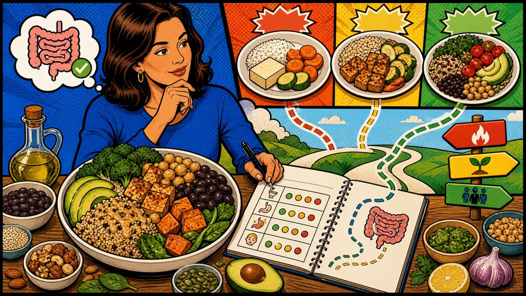 Pop art style illustration of a plant-based meal, gut symptom notebook, and tolerance route map.