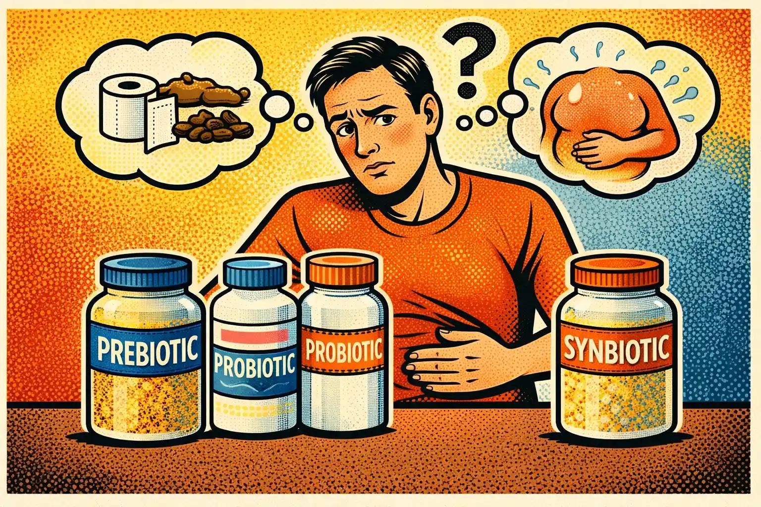 Editorial illustration showing an adult comparing prebiotic, probiotic, and synbiotic options while managing constipation and bloating.