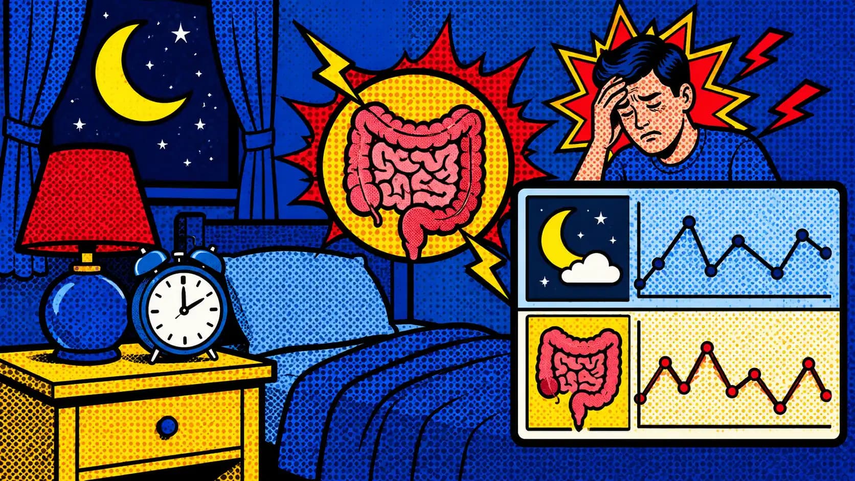 Pop art style nightstand, moon, gut icon, stress signal, and symptom tracker showing sleep and IBS symptom patterns.