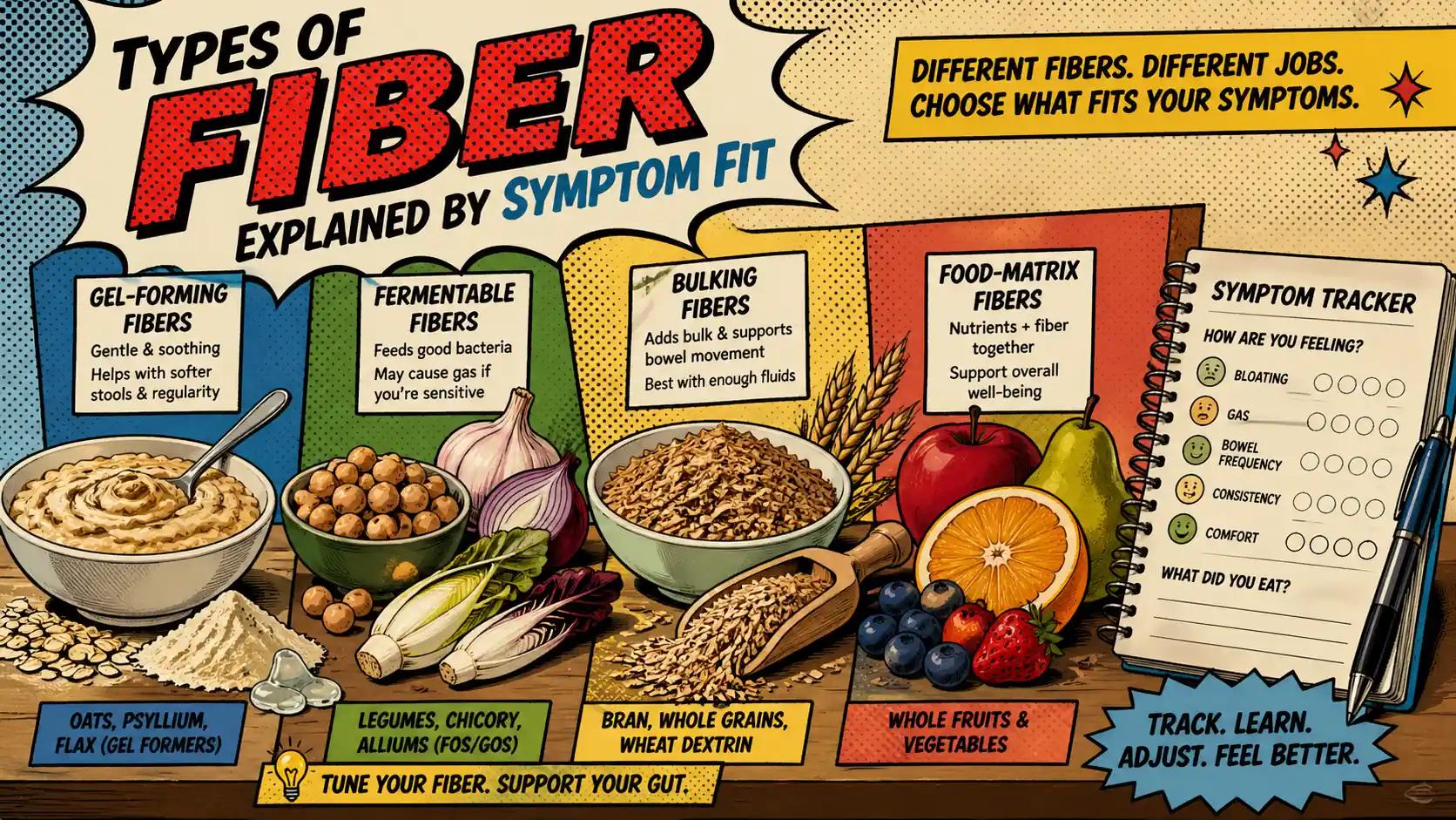 Editorial comparison illustration showing several contrasting fiber patterns such as oats, legumes, bran-like grains, whole fruits, and a notebook used for symptom tracking