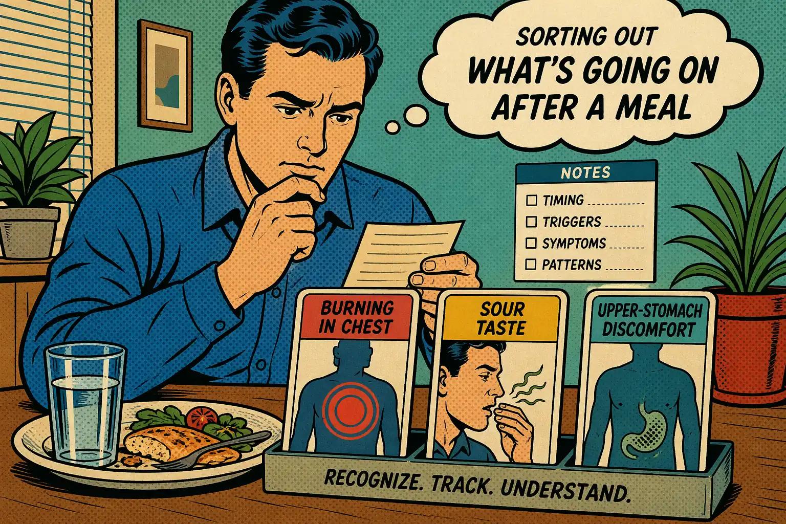 Editorial hero image showing a reader sorting burning chest symptoms, sour taste, and upper-stomach discomfort after a meal.