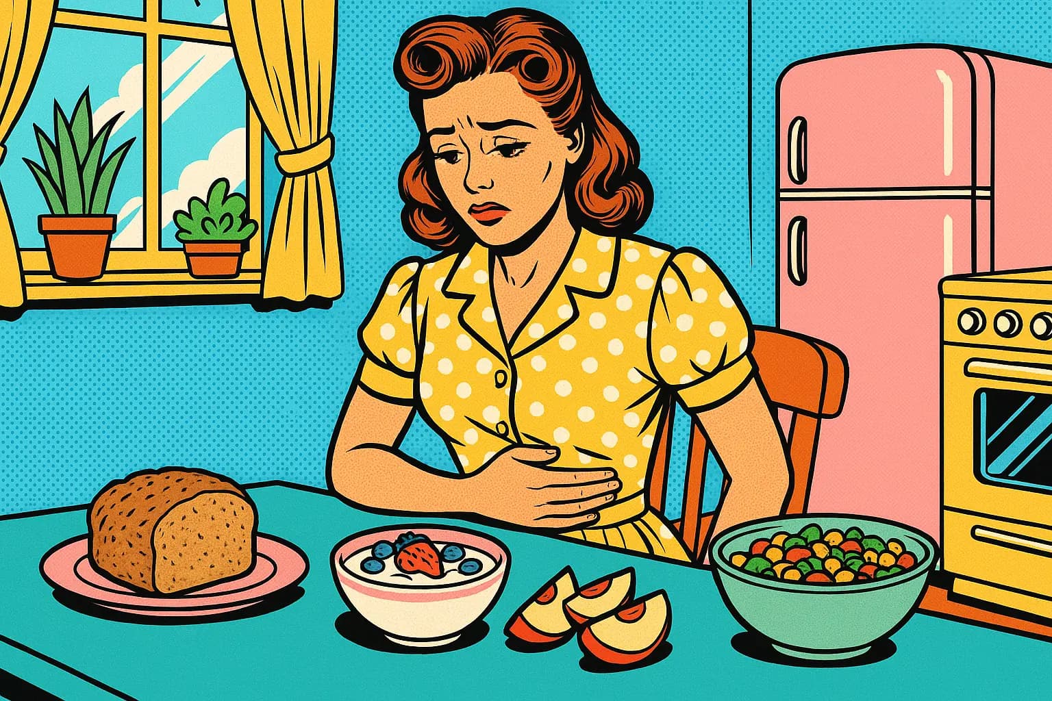 Woman experiencing bloating after eating healthy high FODMAP foods