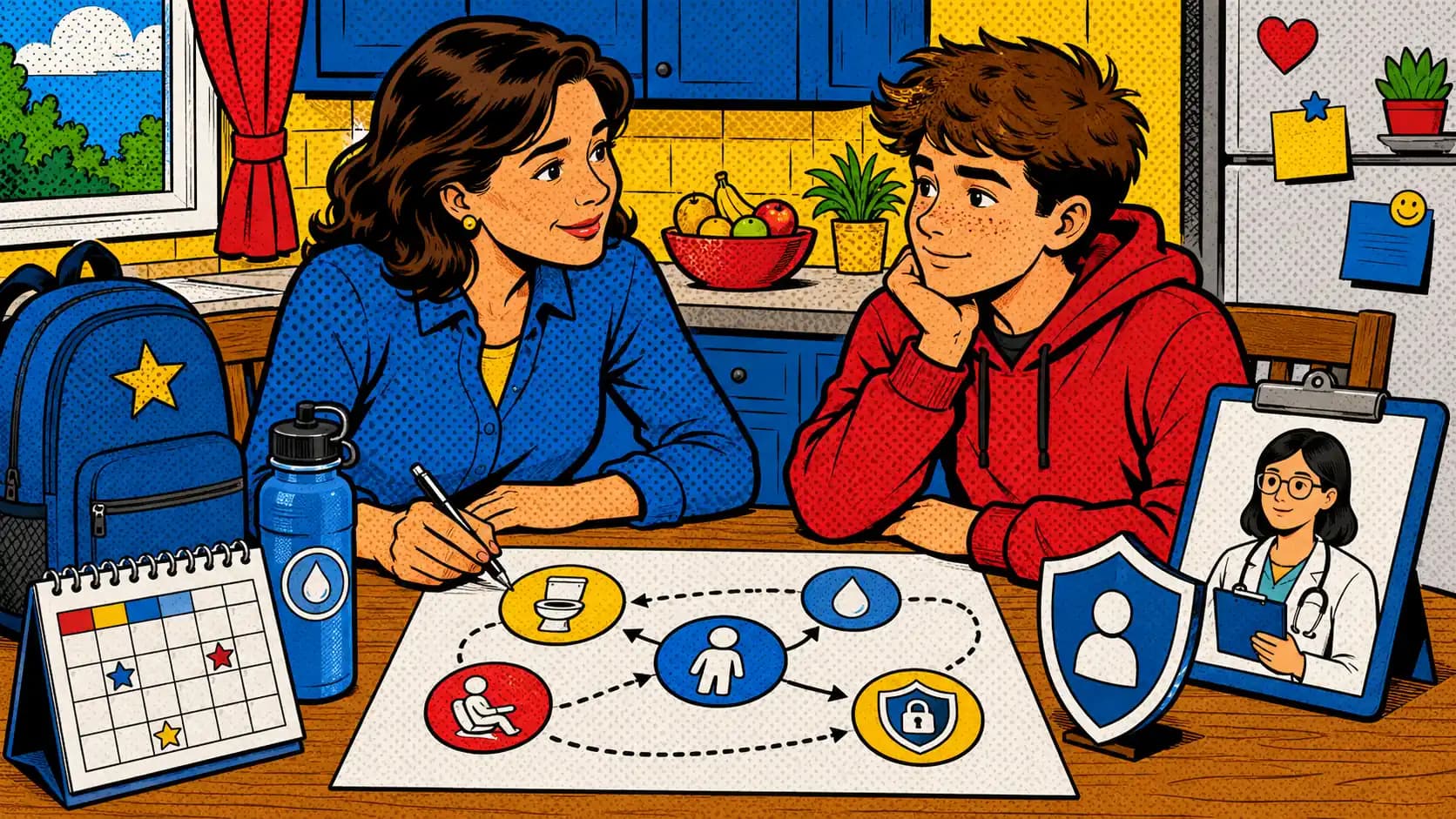 Pop art style hero image showing a caregiver and teen planning IBS school support with a restroom pass, school calendar, water bottle, and clinician clipboard.