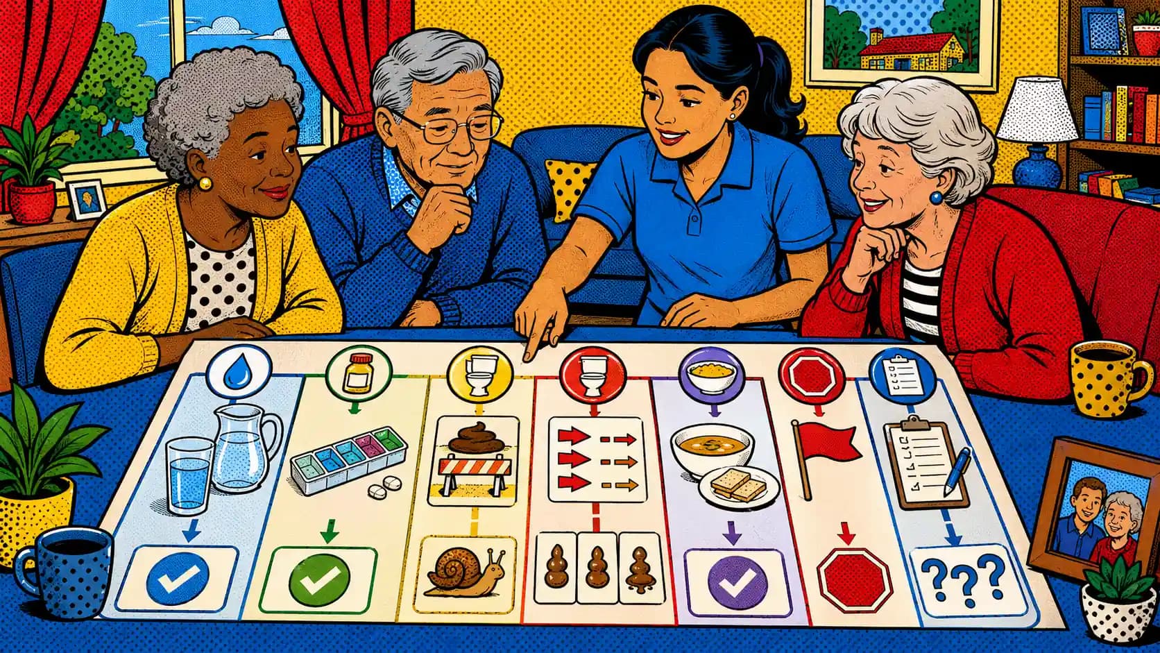 Pop art style hero image for Caregiver Guide: IBS in Older Adults at Home.