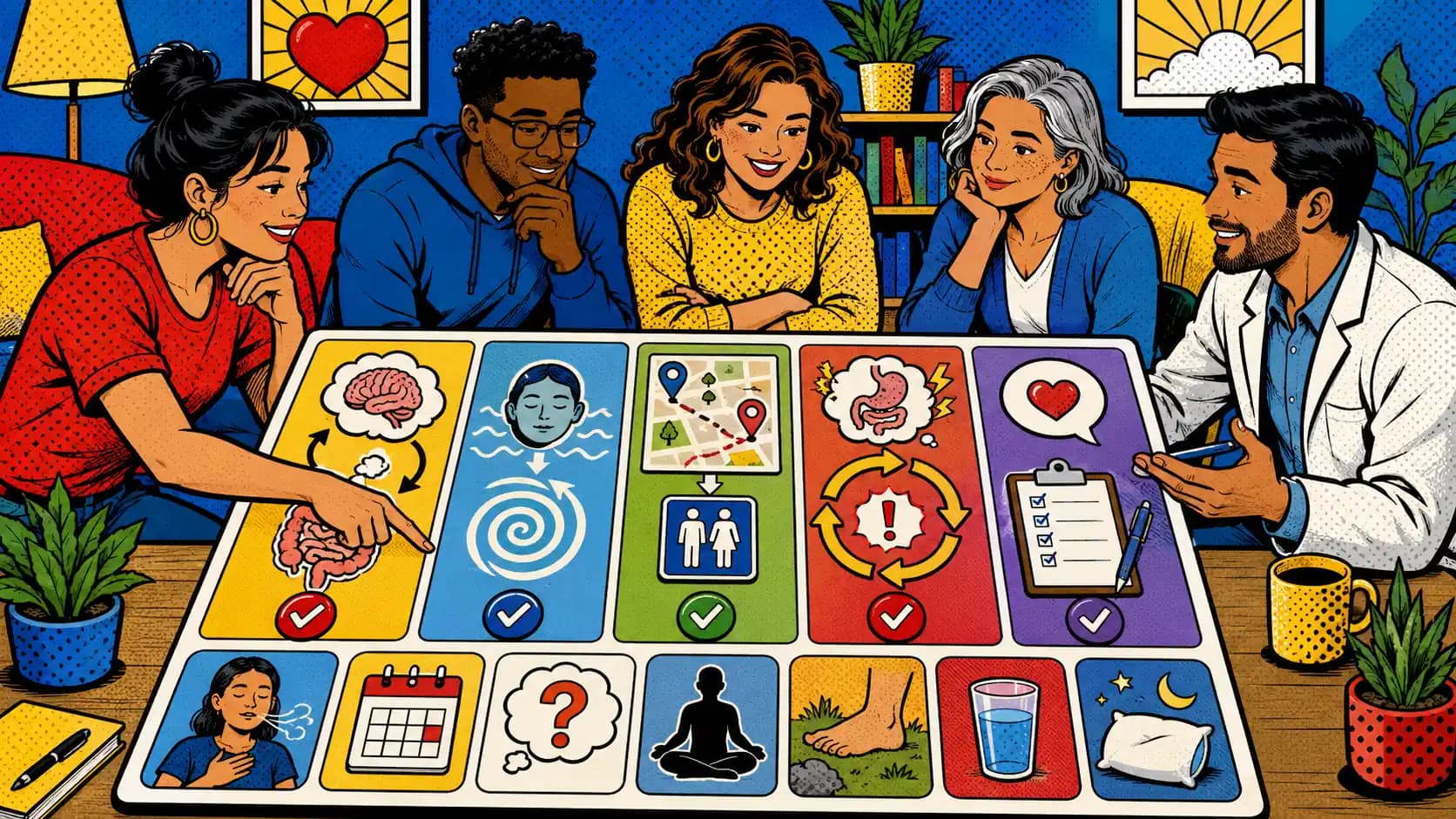 Pop art style hero image for CBT for IBS Anxiety, Urgency, and Gut-Brain Skills.