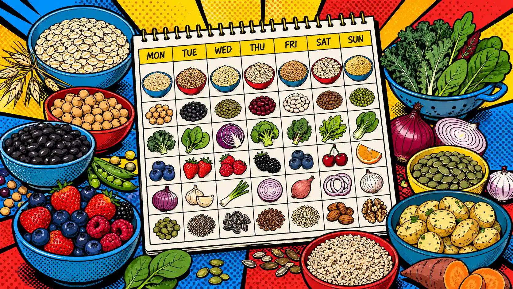 Pop art style hero image showing a varied set of plant-fiber foods such as oats, legumes, berries, onions, seeds, and cooled starches arranged as a practical weekly pattern.