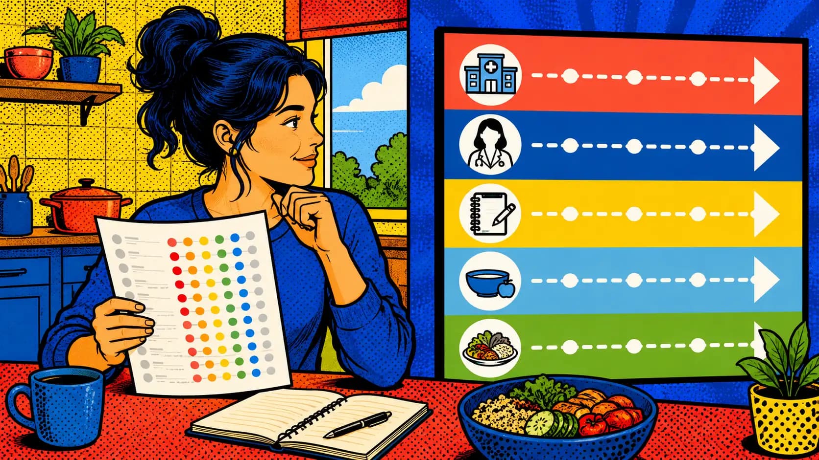 A person compares a color-coded food test report with a five-lane decision map for allergy, medical testing, symptom patterns, food reintroduction, and nutrition support.