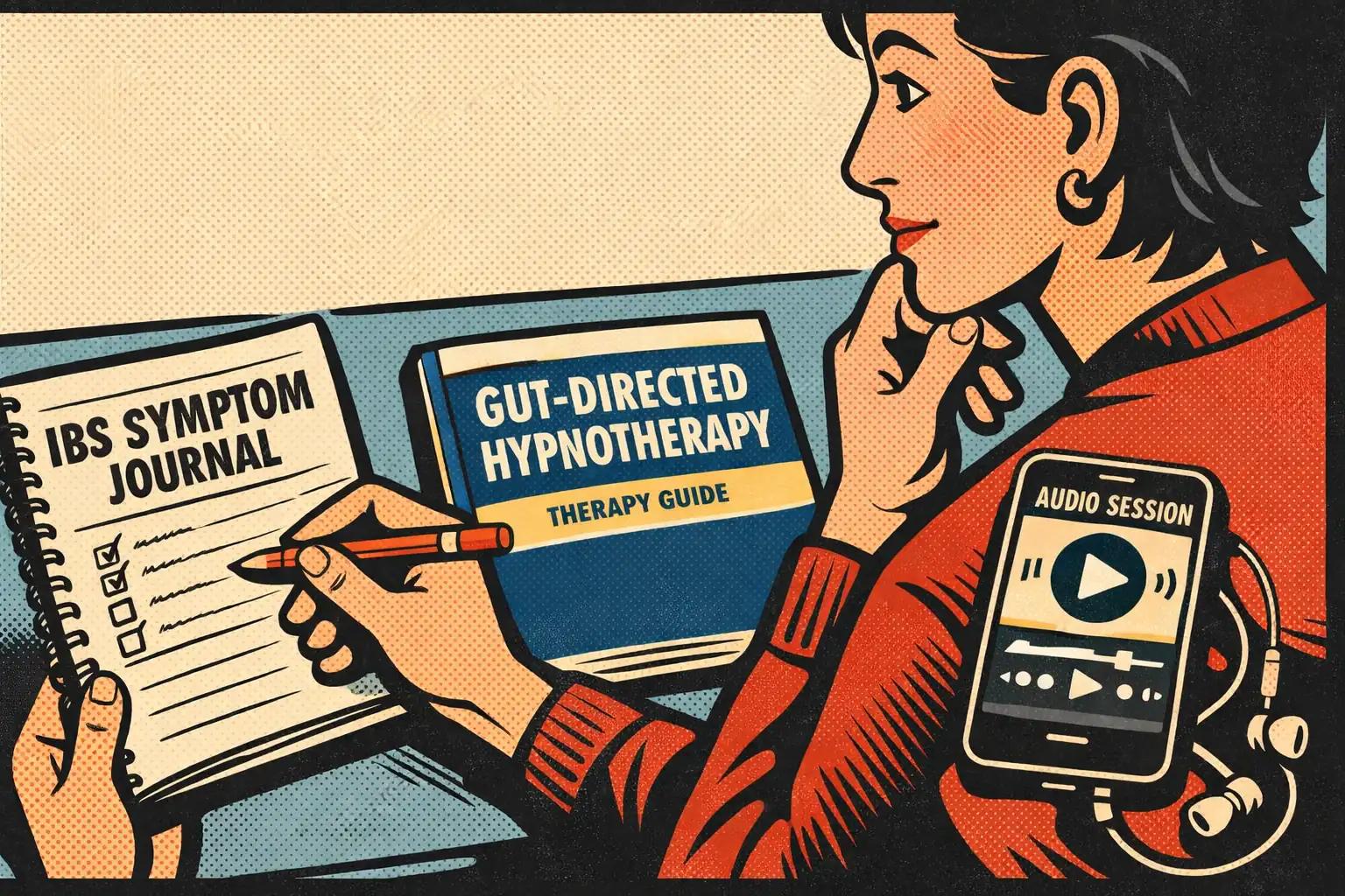 An adult reviewing an IBS symptom notebook, a therapy workbook, and a phone with an audio session queued up.