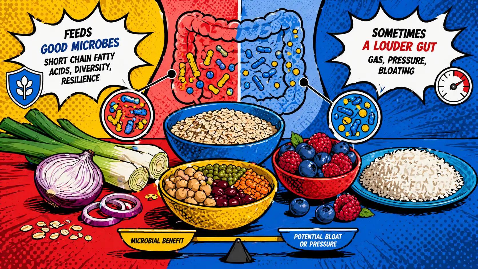 Pop art style hero image showing fermentable fiber foods such as oats, legumes, onions, berries, and cooled starches arranged as a calm educational gut-health composition.