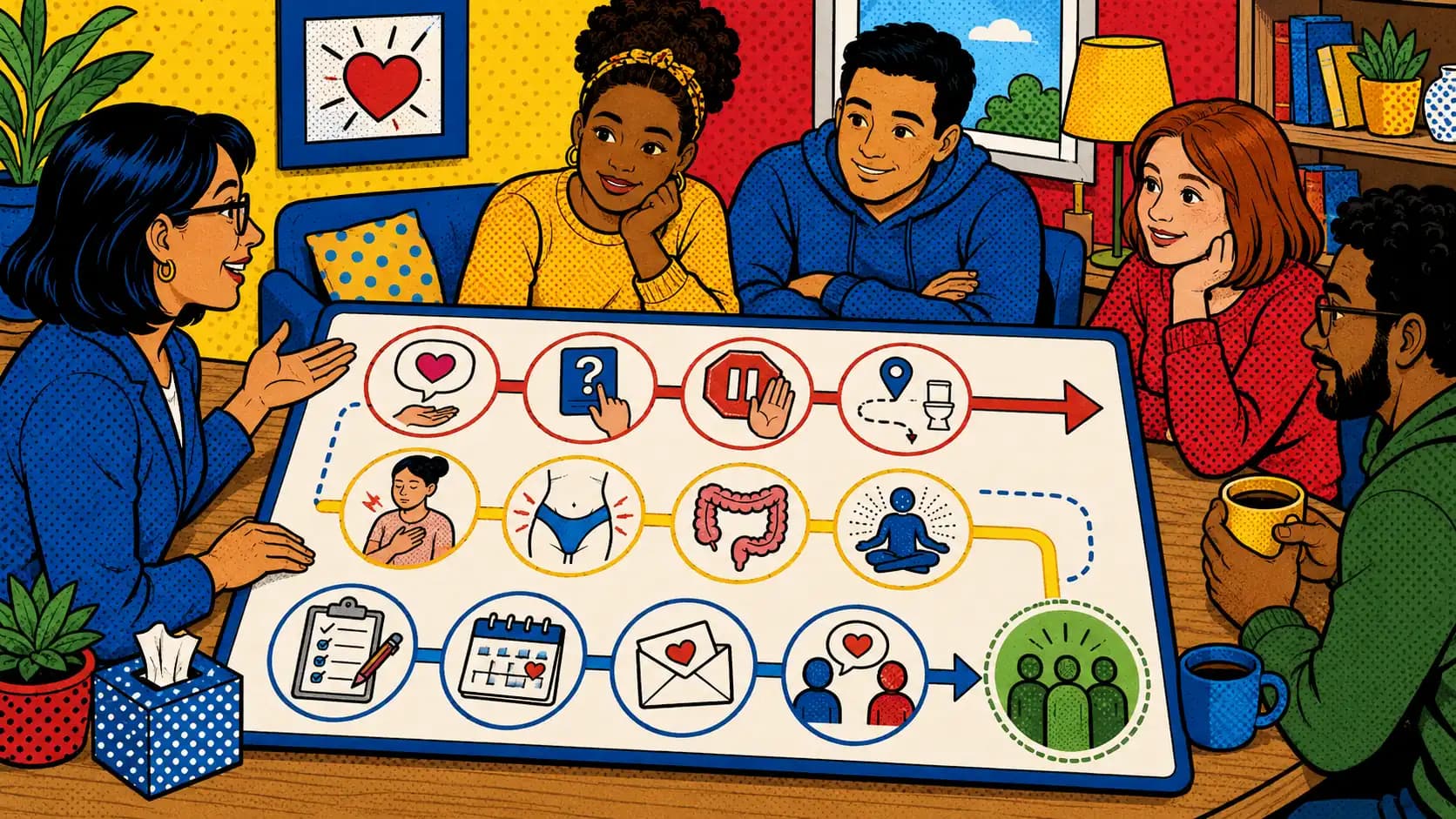 Pop art style hero image for IBS and Trauma-Informed Care for Gut Symptoms.