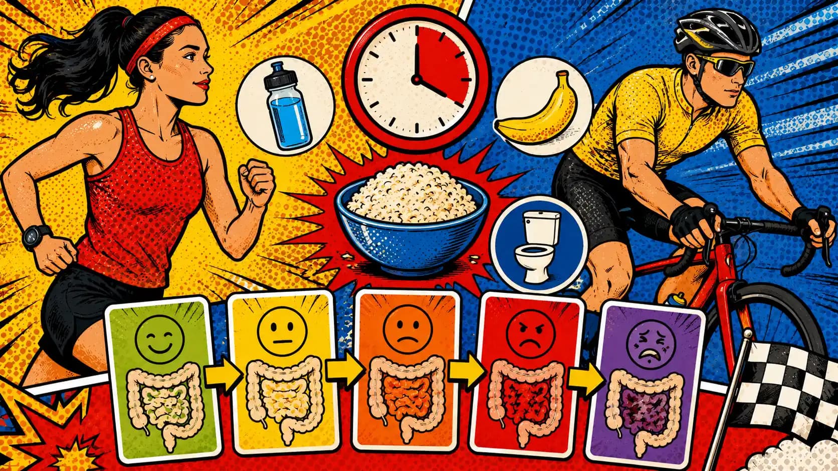 Pop art style hero image showing an athlete with water bottle, snack, training clock, bathroom icon, and gut symptom route cards.