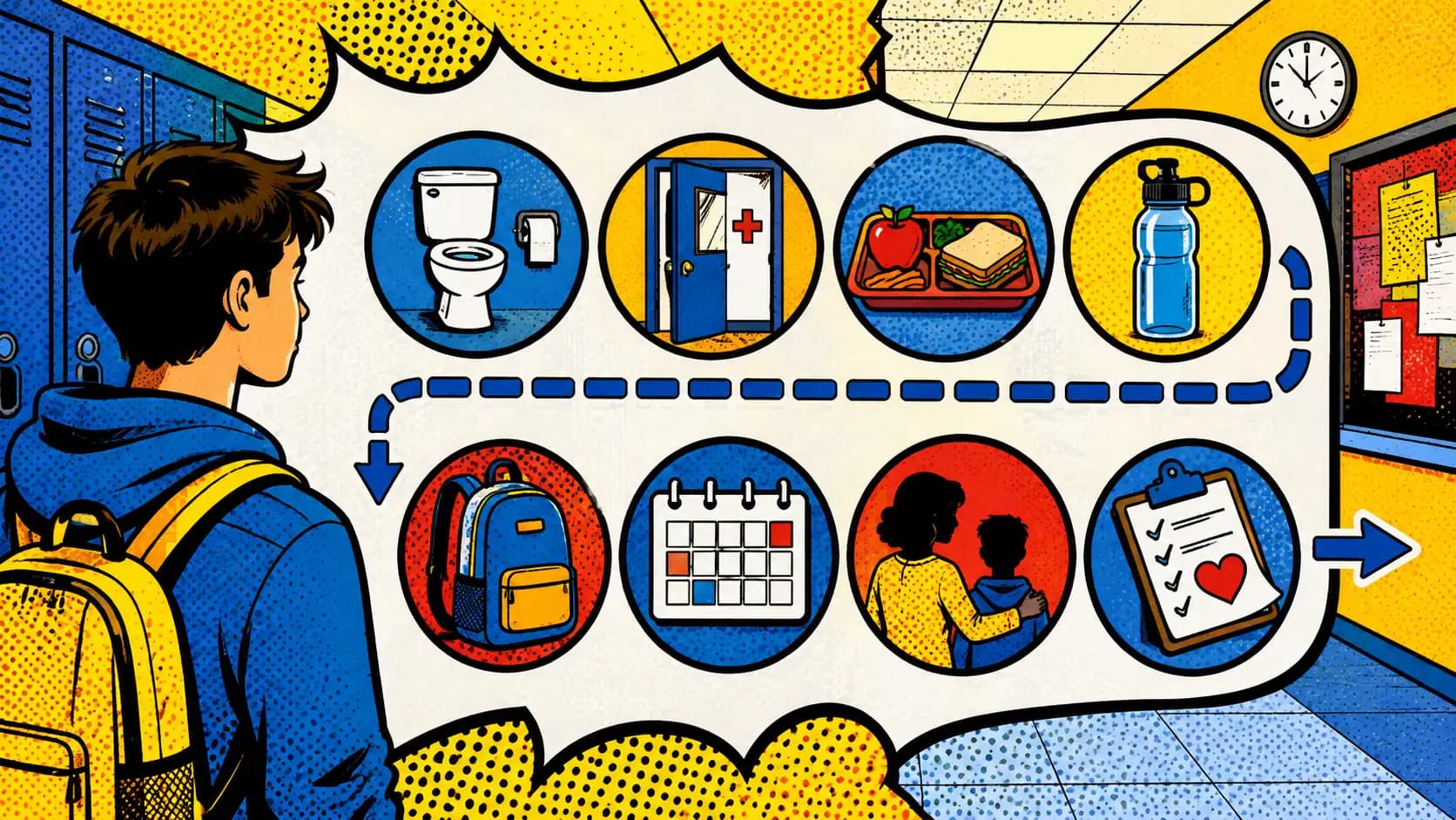 Pop art style school hallway route board for teen IBS with bathroom pass, nurse office, lunch tray, water bottle, backpack, calendar, and clinician clipboard icons.
