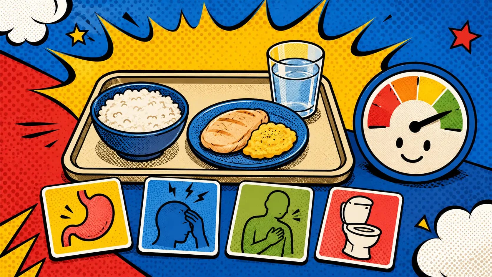 Pop art style hero image showing a small gentle meal tray, water glass, symptom route cards, and a calm appetite meter for IBS.