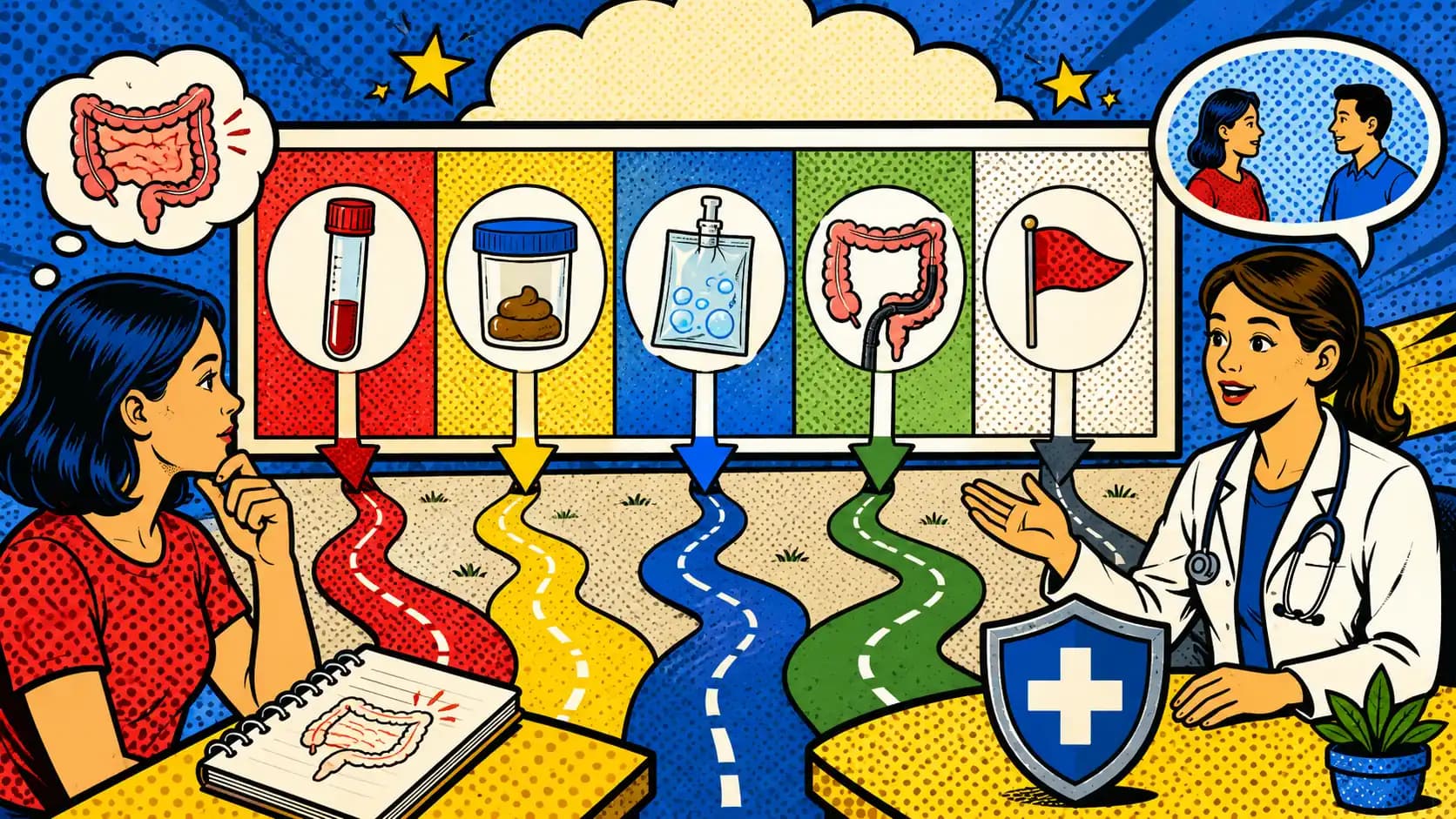 Pop art style IBS testing decision board with blood vial, stool sample cup, breath test bag, colonoscopy route sign, warning flag, and symptom notes.