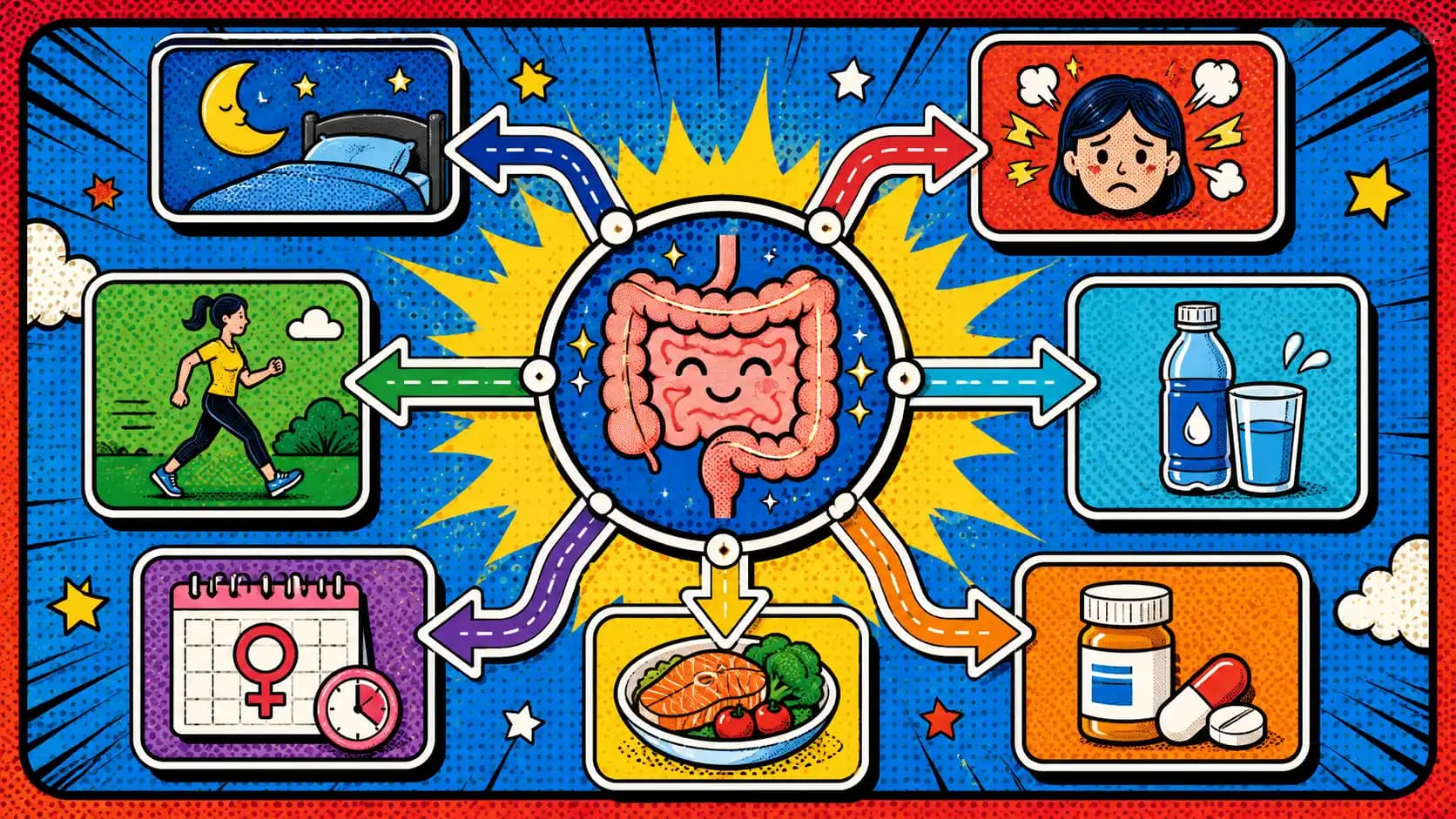 Pop art style hero image showing IBS trigger route cards for sleep, stress, movement, hydration, cycle timing, and medications.