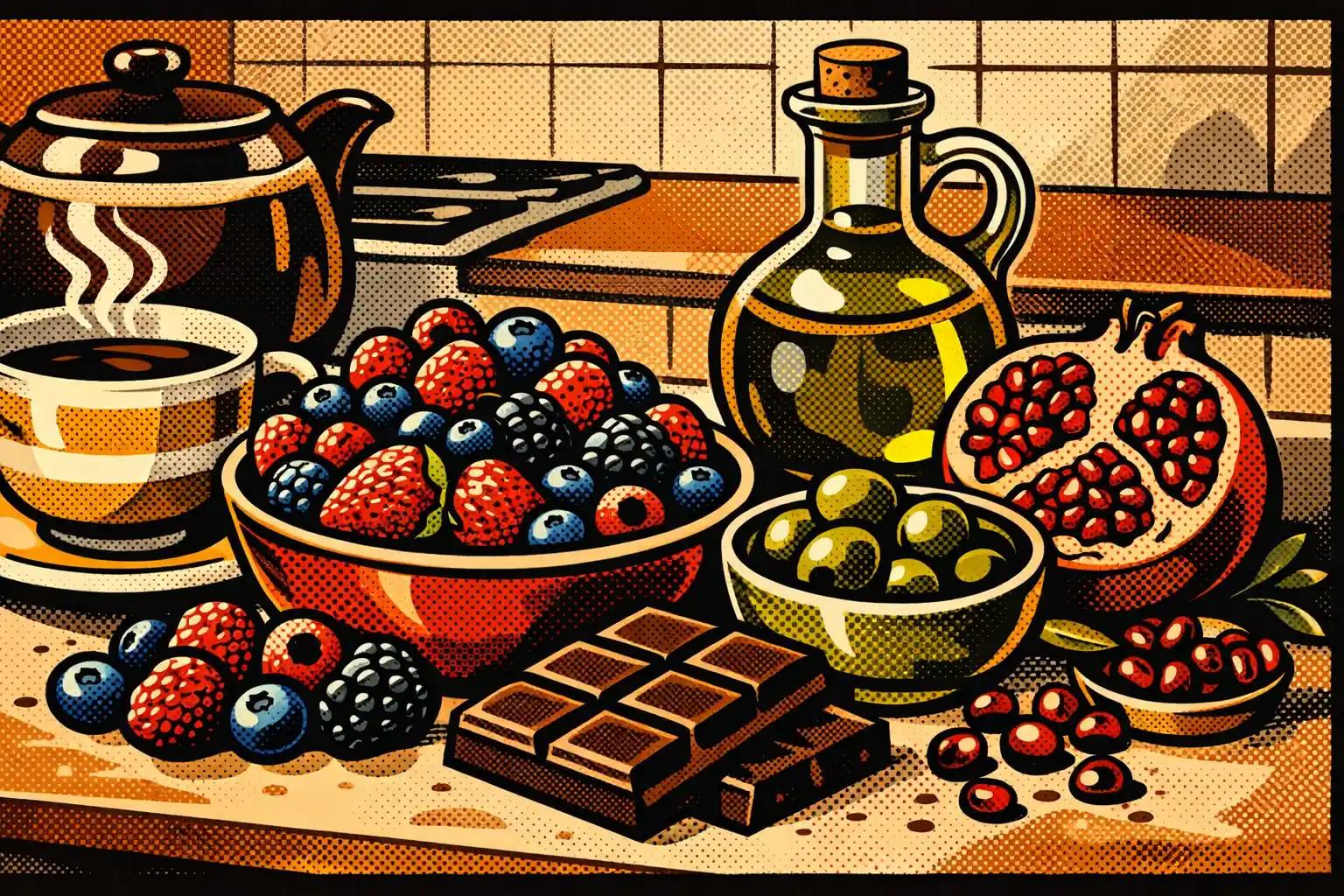 Colorful everyday foods such as berries, tea, cocoa, olives, and pomegranate arranged in a kitchen setting to illustrate a gut-friendly polyphenol pattern.