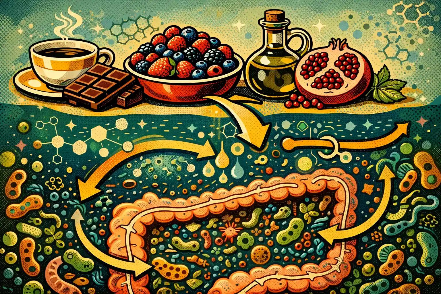 Editorial science illustration showing polyphenol-rich foods interacting with a stylized gut microbiome ecosystem.