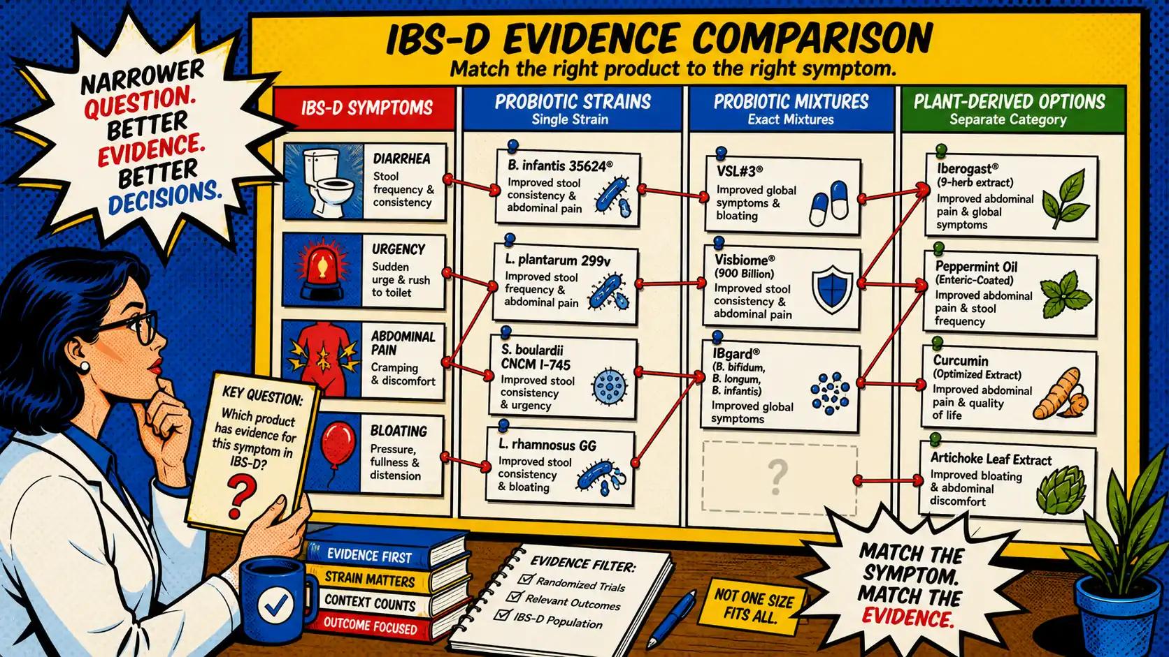 Pop art style hero image showing an IBS-D evidence comparison board where symptom cards are being matched against probiotic and plant-derived product options.