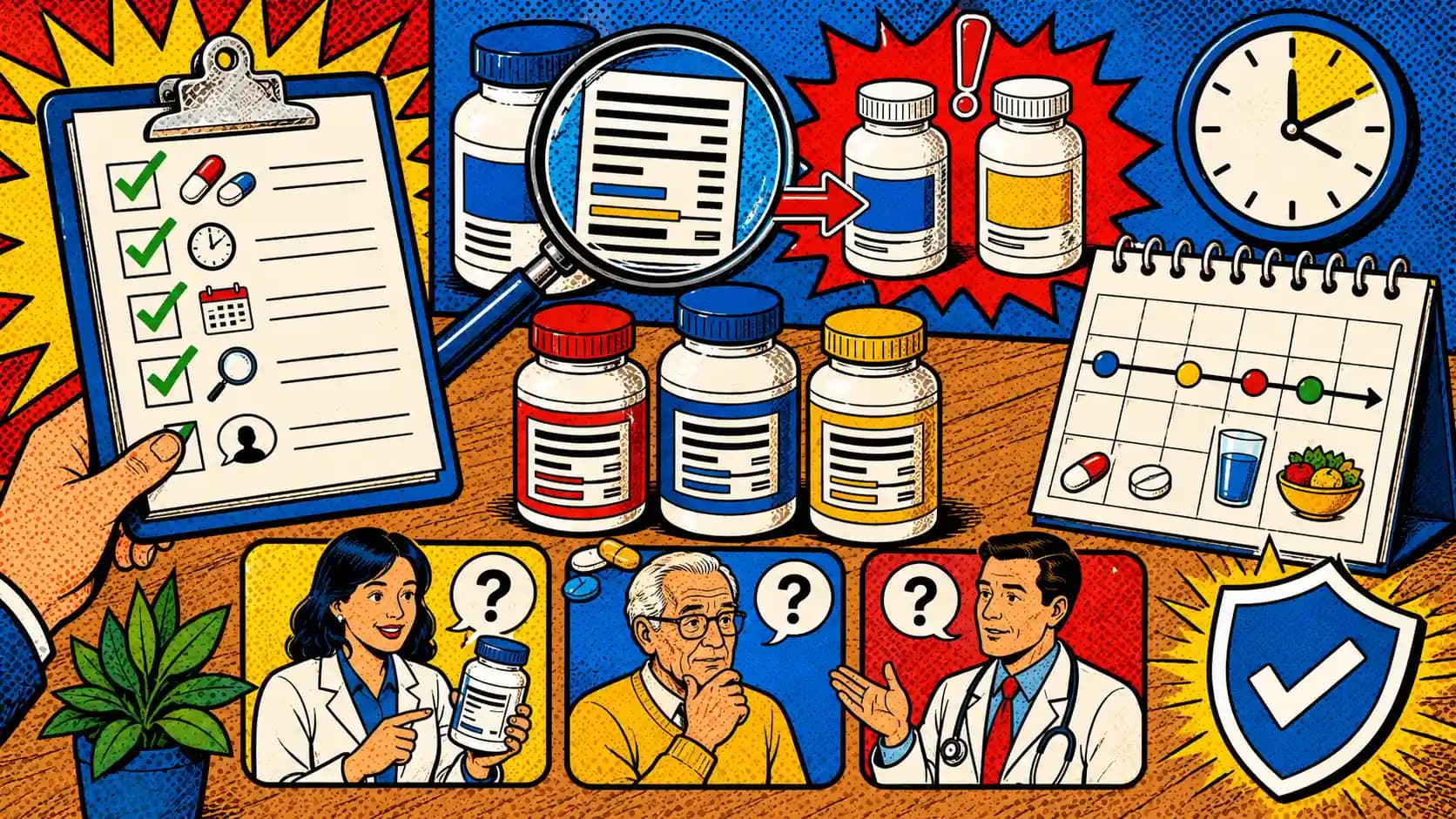 Pop art style hero image showing friends choosing between restaurant menus with low-FODMAP, reflux, urgency, alcohol, and social timing decision cards.
