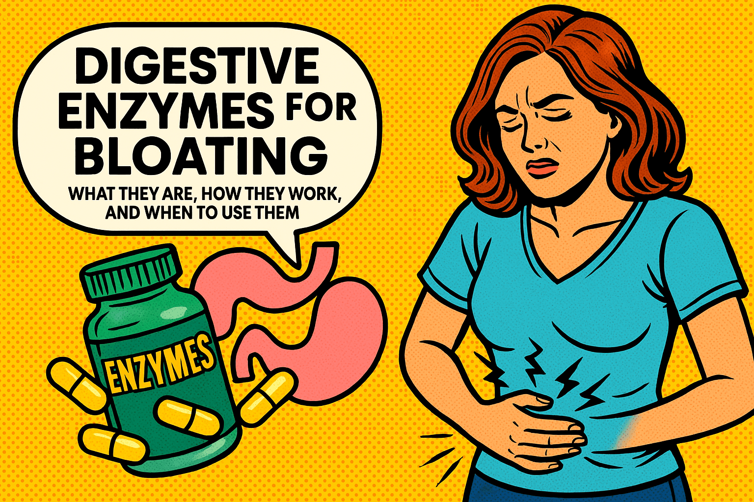 Pop-art comic style illustration showing a woman with stomach discomfort, a digestive enzyme bottle, capsules, and a stomach graphic with the title “Digestive Enzymes for Bloating: What They